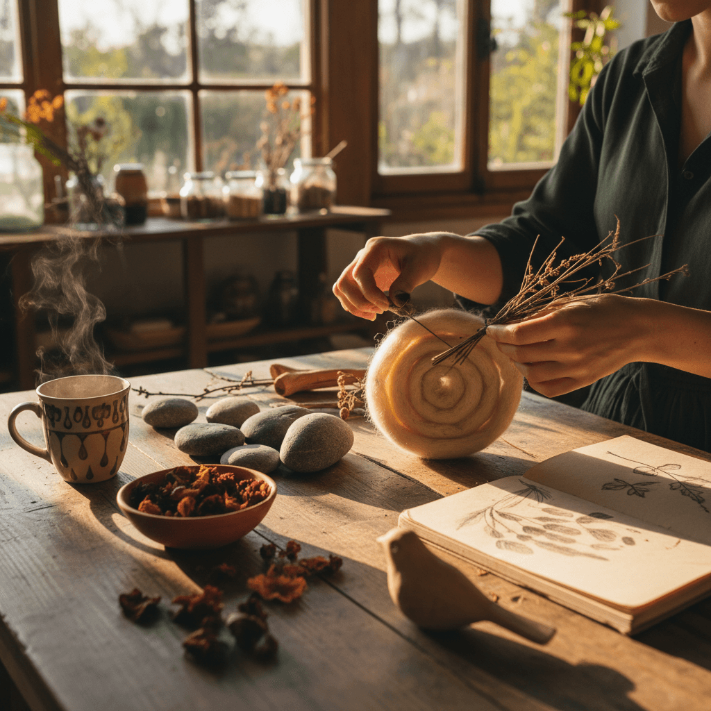 Hands engaged in creative work with natural materials
