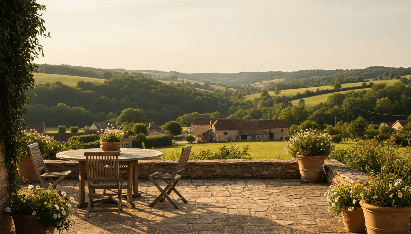 Tranquil stone terrace overlooking the green Perigord valley at golden hour