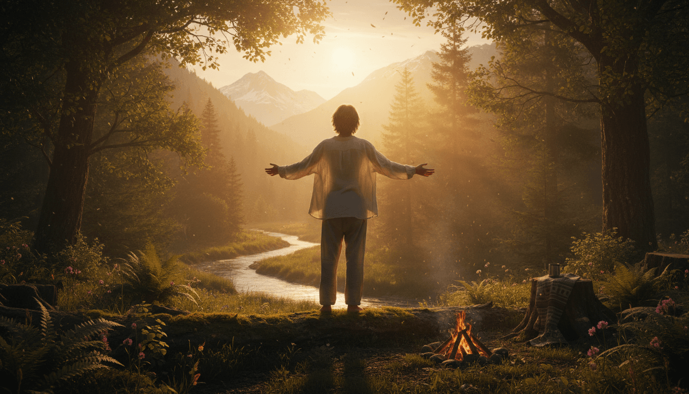 Person in serene natural setting with warm atmosphere.