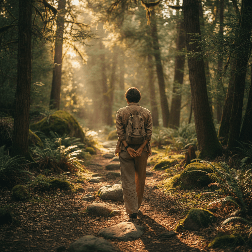 A person walking slowly on a tree-lined path in soft light