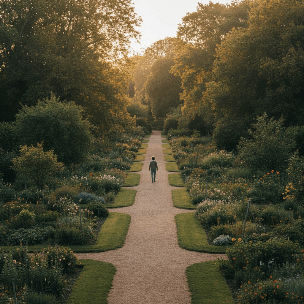 Solitary walk through the gardens at Domaine du Banaret during golden hour