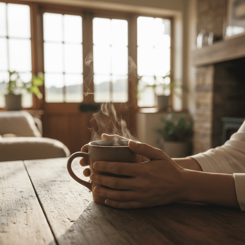 Hands holding warm mug in countryside setting