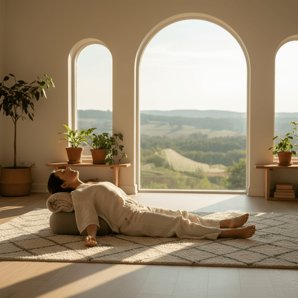 Person in restorative movement practice near natural light