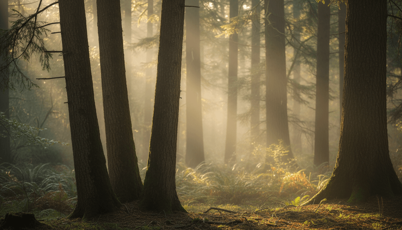Serene forest landscape with misty atmosphere and warm natural light.