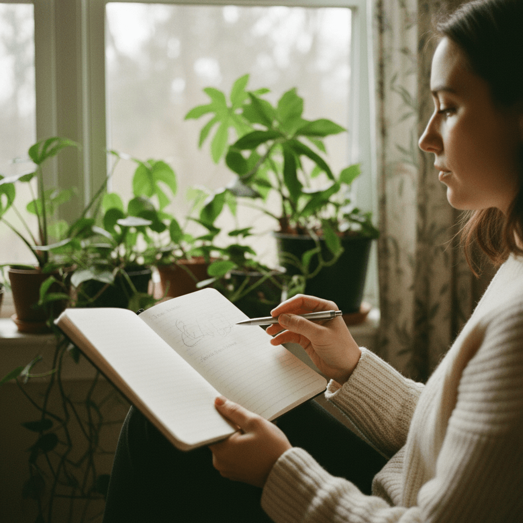 Hands holding a notebook and pen by a bright window