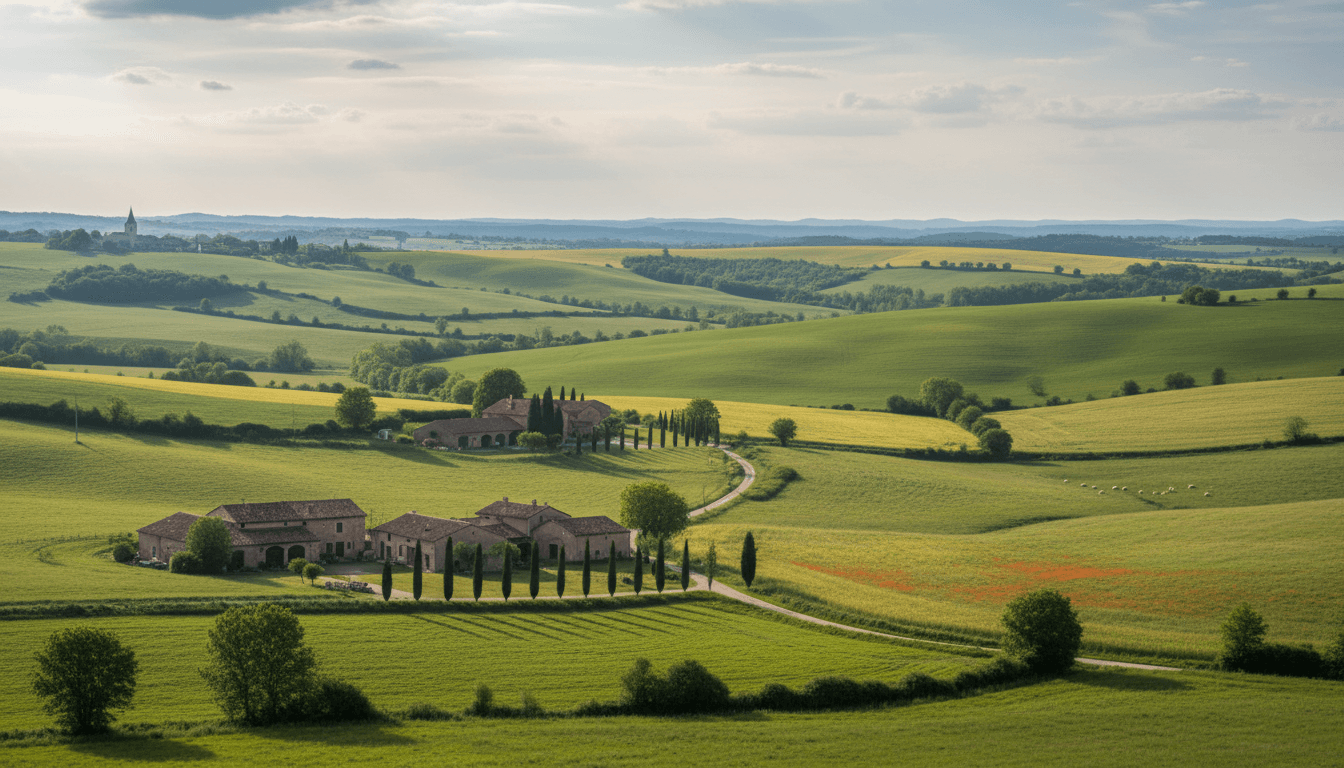 Serene rural landscape at Domaine du Banaret with rolling hills and natural light