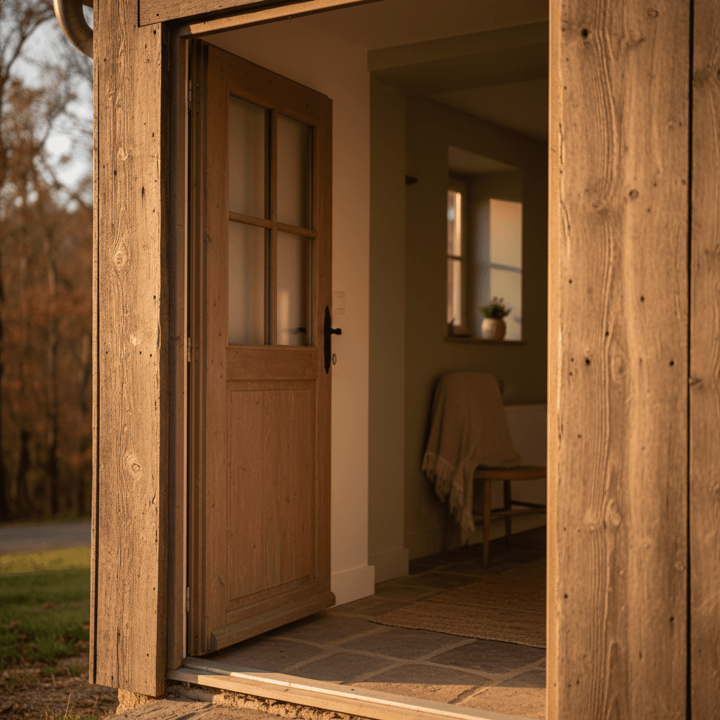 Open wooden door to a gîte at golden hour