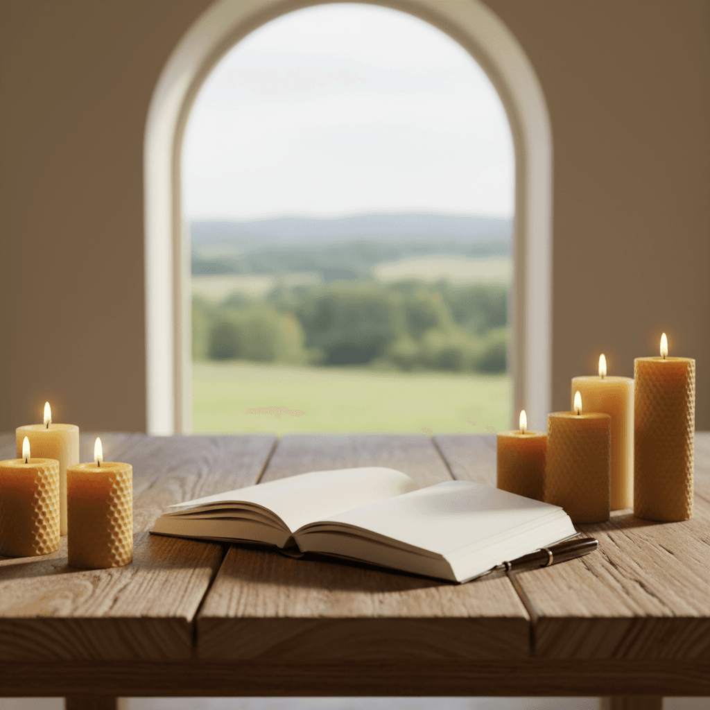 Open journal and pen on wooden table with natural light at Domaine du Banaret