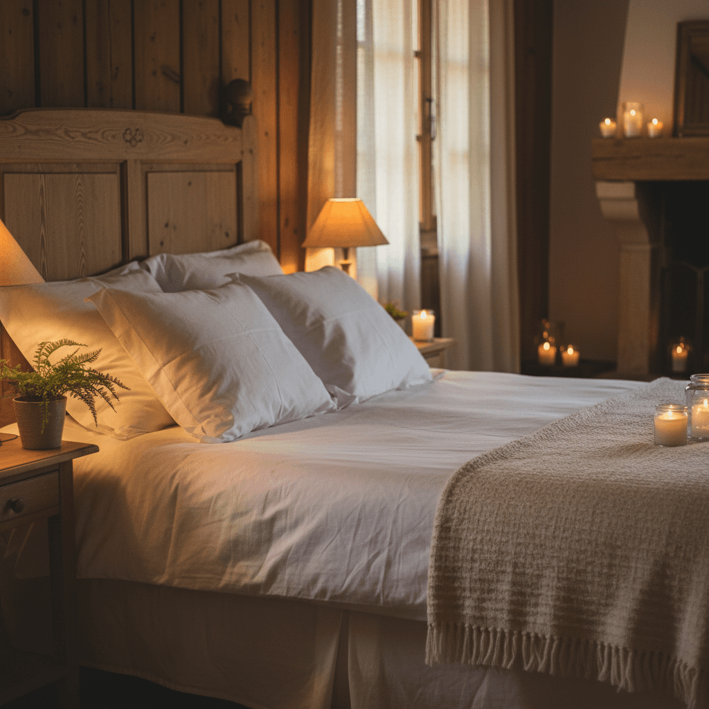 Bedroom with quality linens and warm lighting