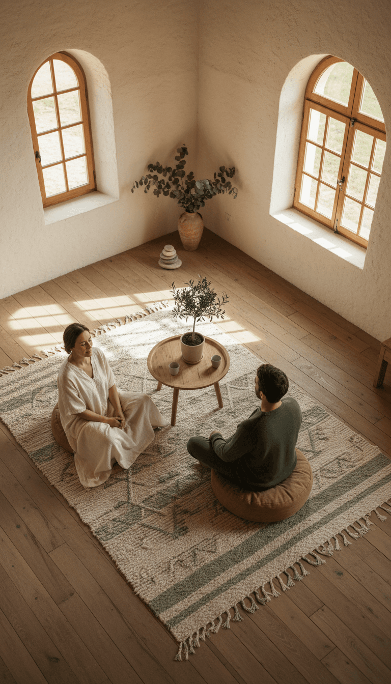 Two people in a peaceful therapy session during a clinical retreat at Domaine du Banaret