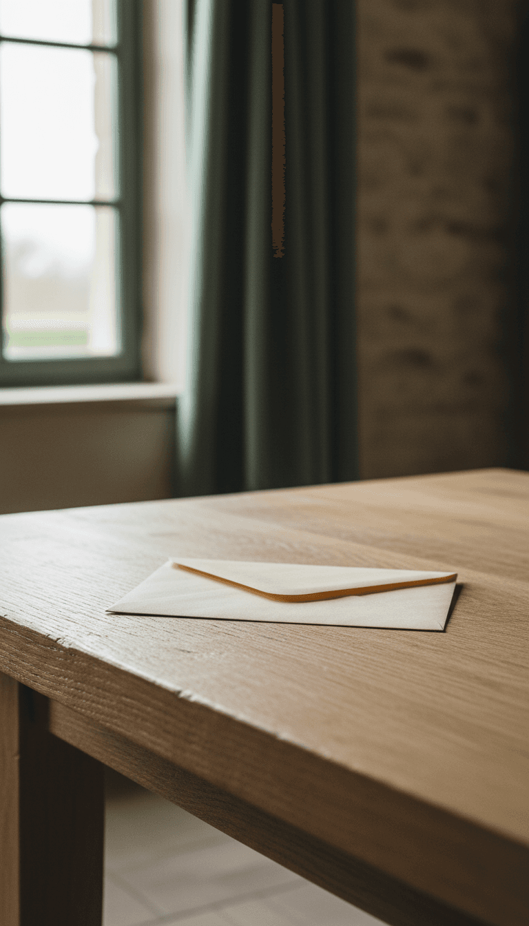 Unmarked paper envelope on a rustic oak table in soft daylight