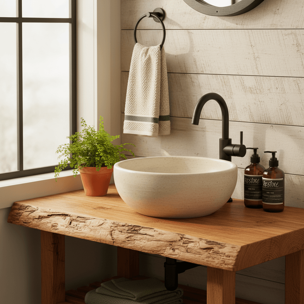 Gîte bathroom with natural elements