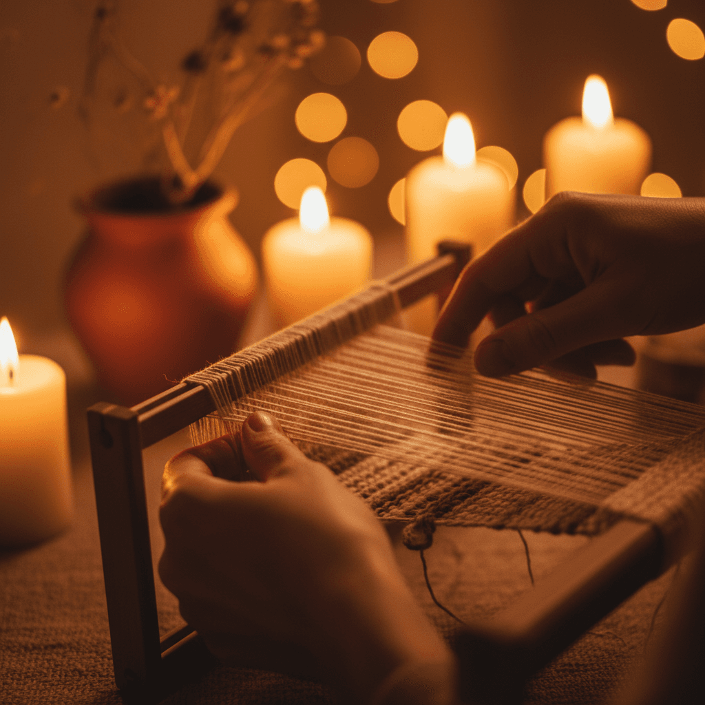 Textile artist's hands working with fibers on loom