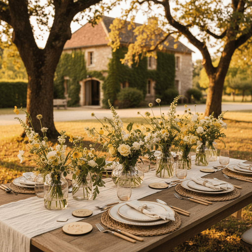 Elegant outdoor event table setting in countryside garden