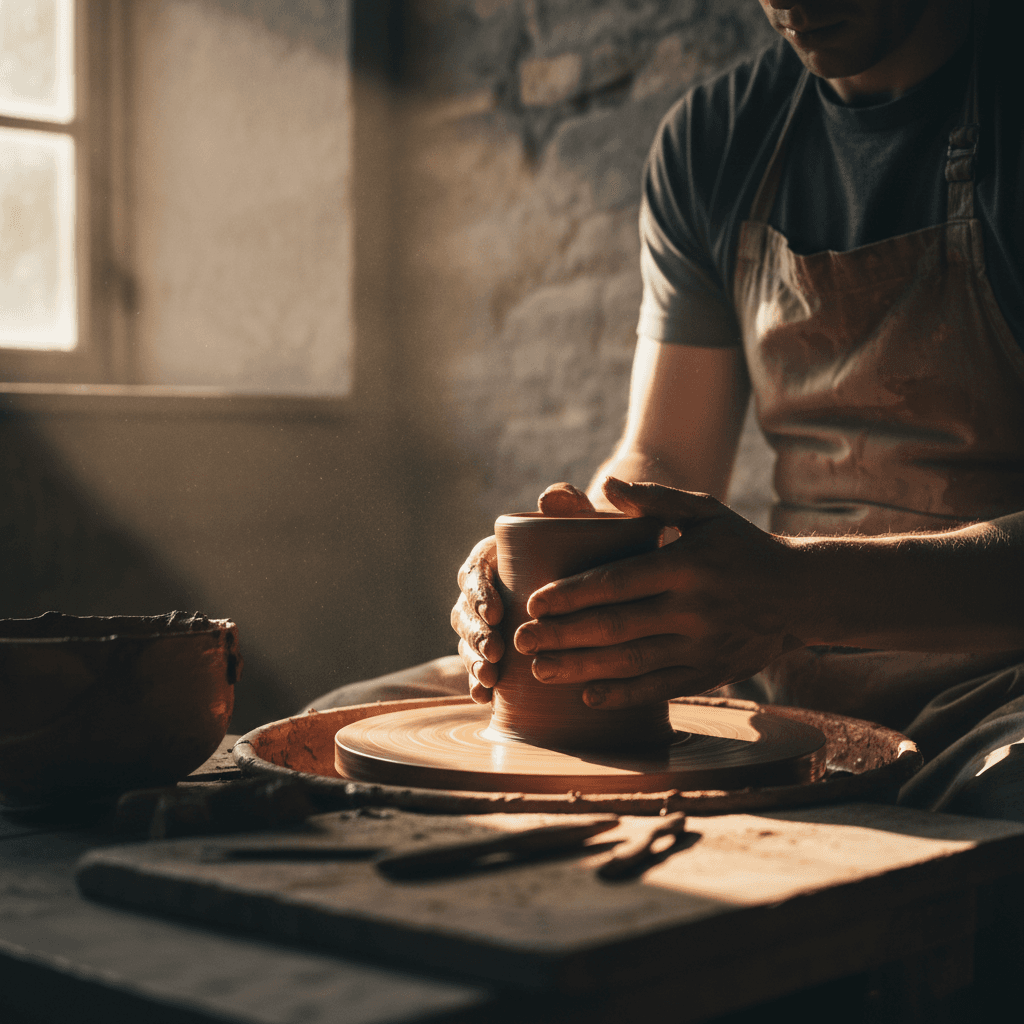 Artist hands working with clay in stone studio