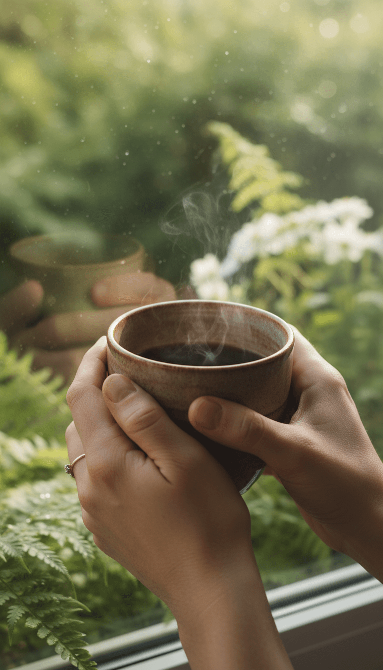 Hands holding a warm mug outside
