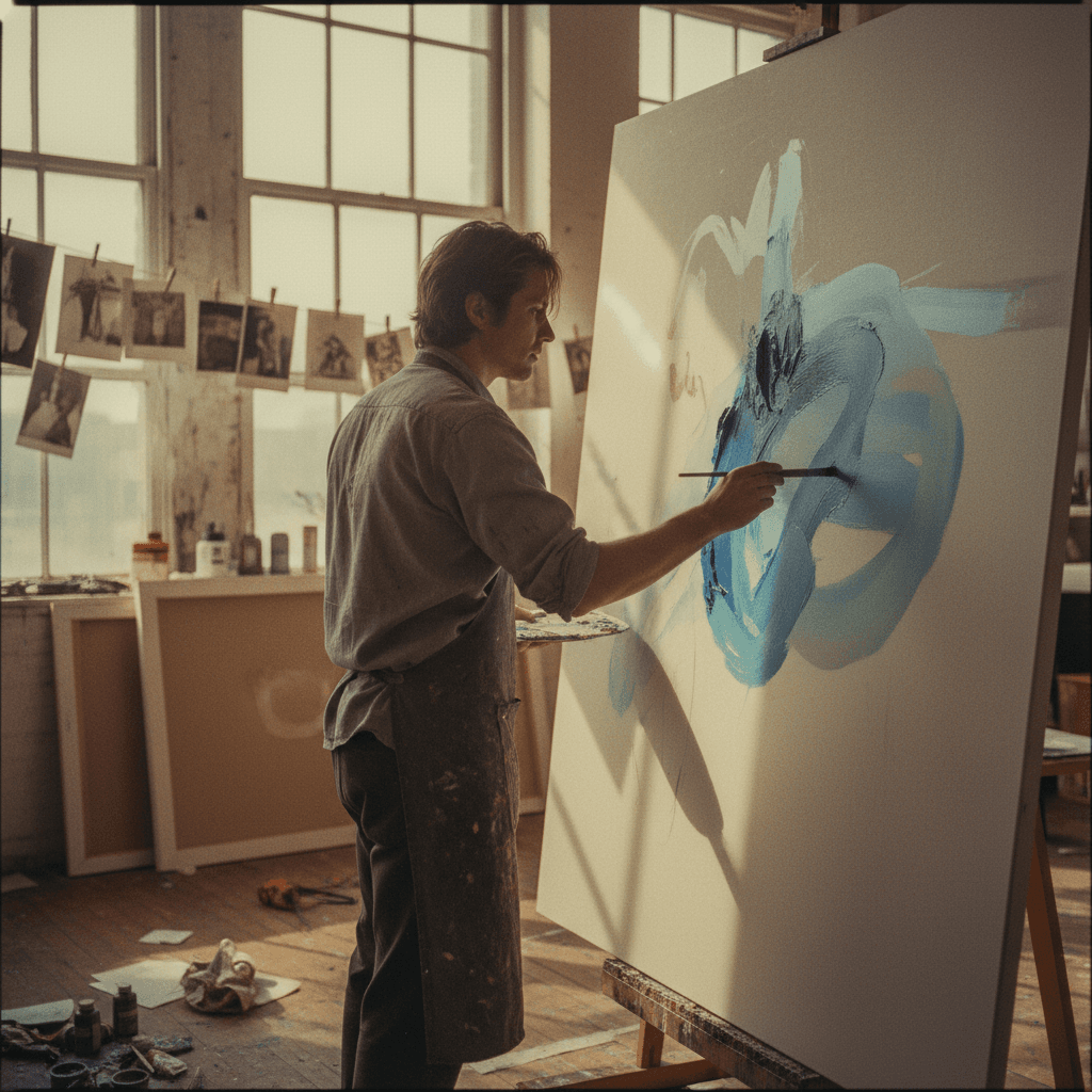 Painter working on large canvas in studio light