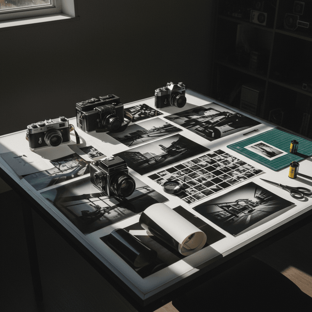 Photographer's workspace with prints and light table