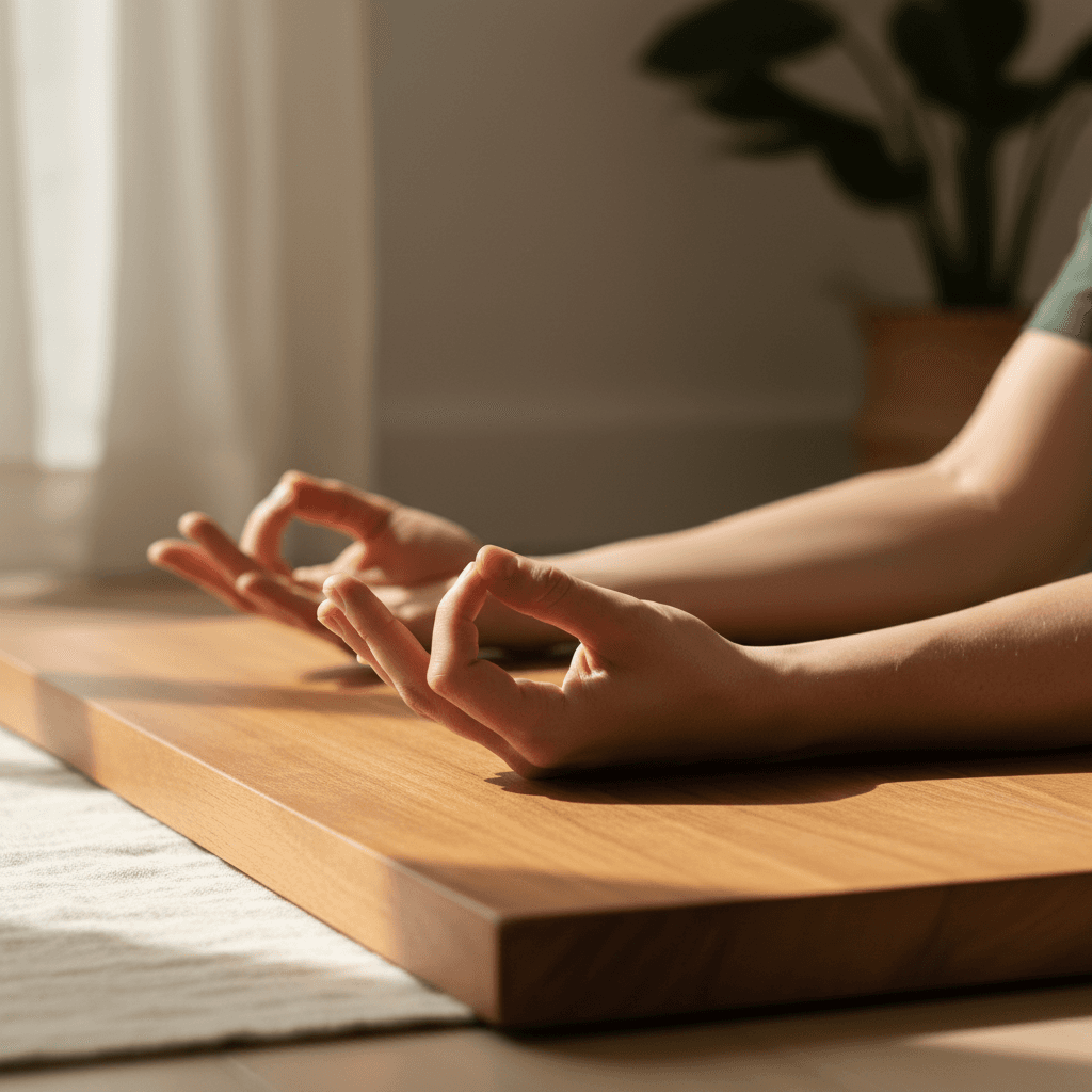 Hands in restorative yoga pose during mindful practice