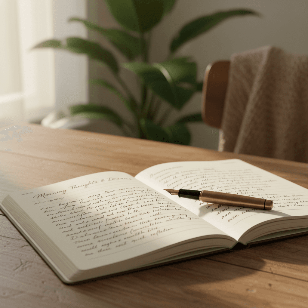 Open journal on wooden desk with morning light