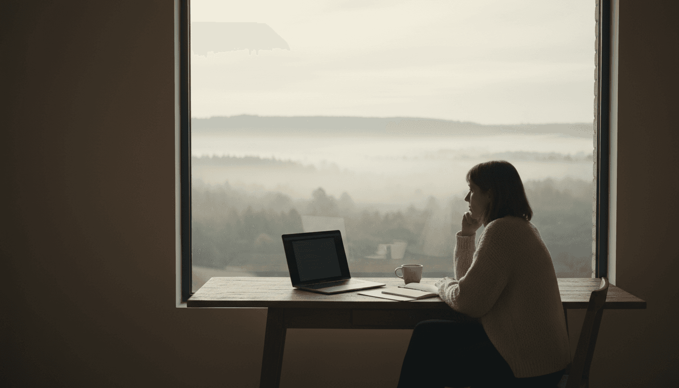 Person at desk by window overlooking misty French countryside