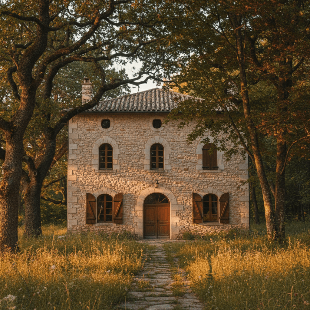 Stone manor house surrounded by forest