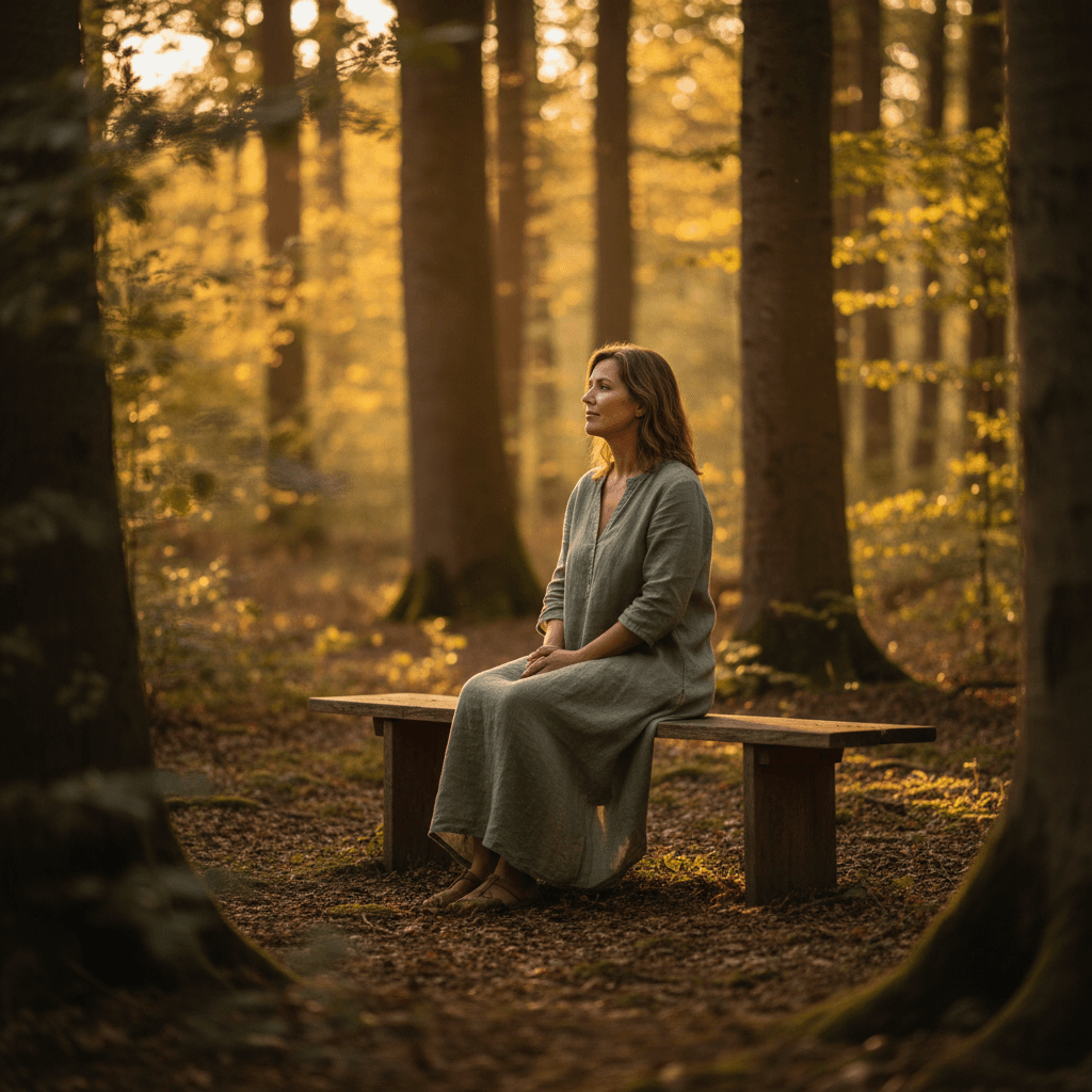 Woman in peaceful contemplation in a forest setting