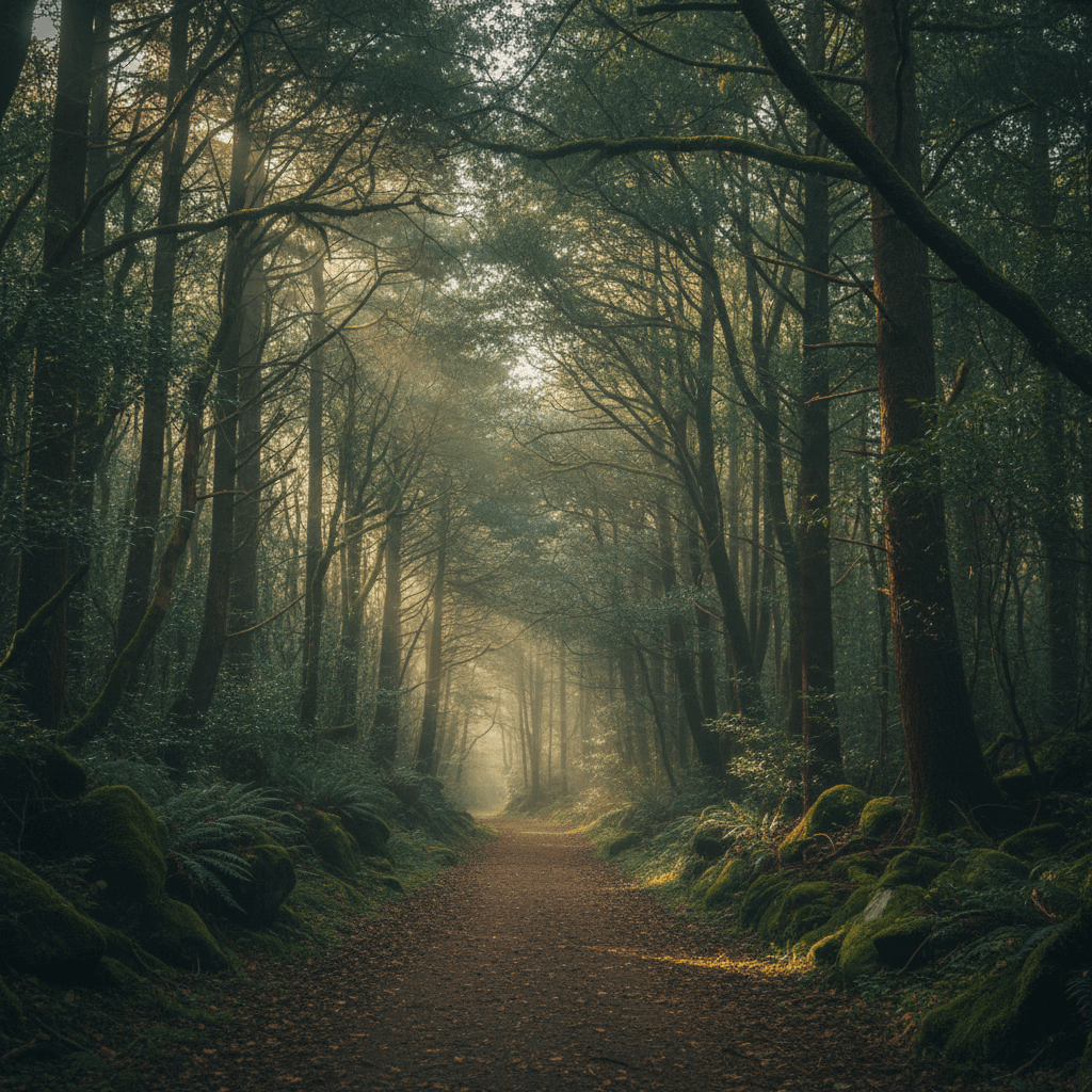 Forest pathway with soft filtered light