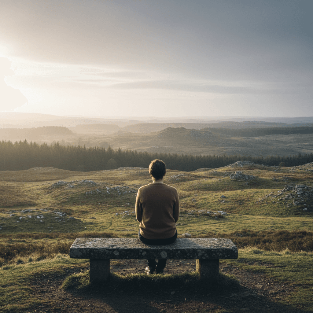 Person sitting on bench overlooking countryside landscape