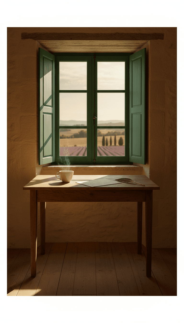 Sunlit window at Domaine du Banaret with a cup of tea and a handwritten note