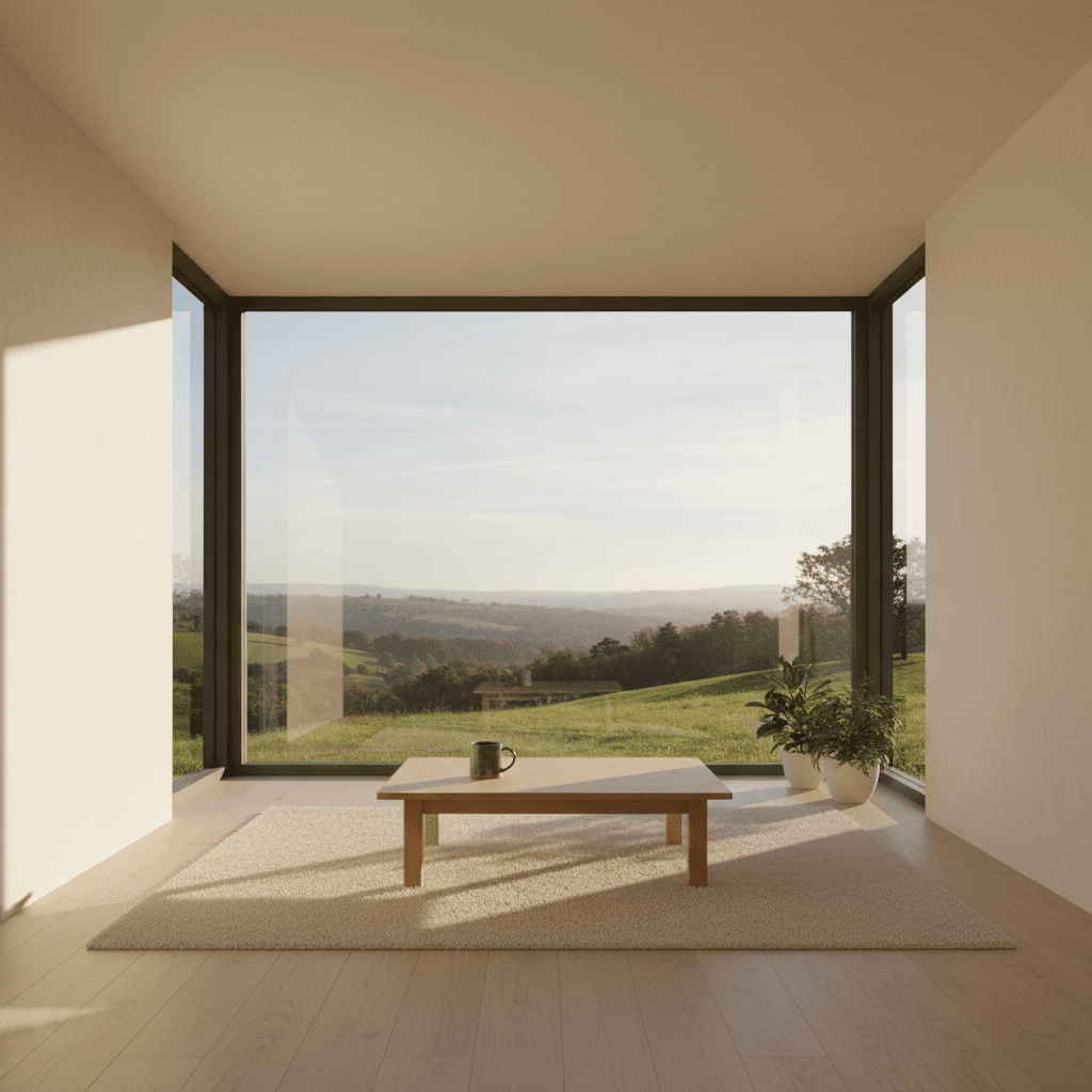 A peaceful sunlit room with a view of the French countryside