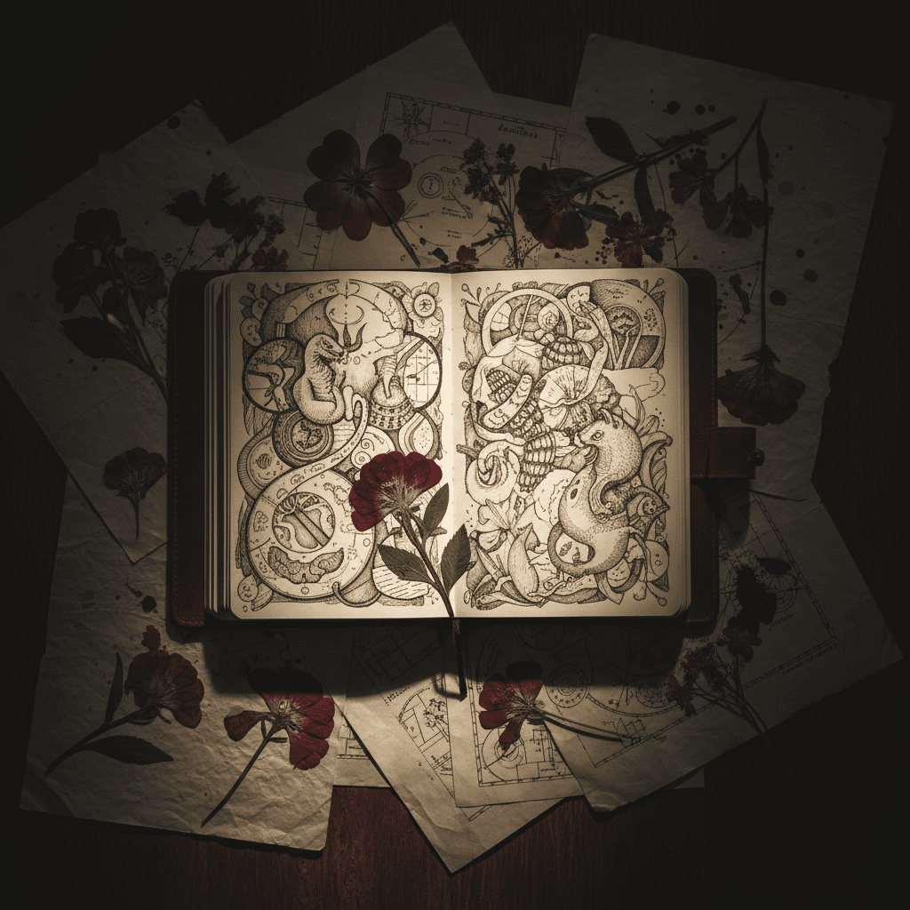 Sketchbook with detailed drawings and natural elements