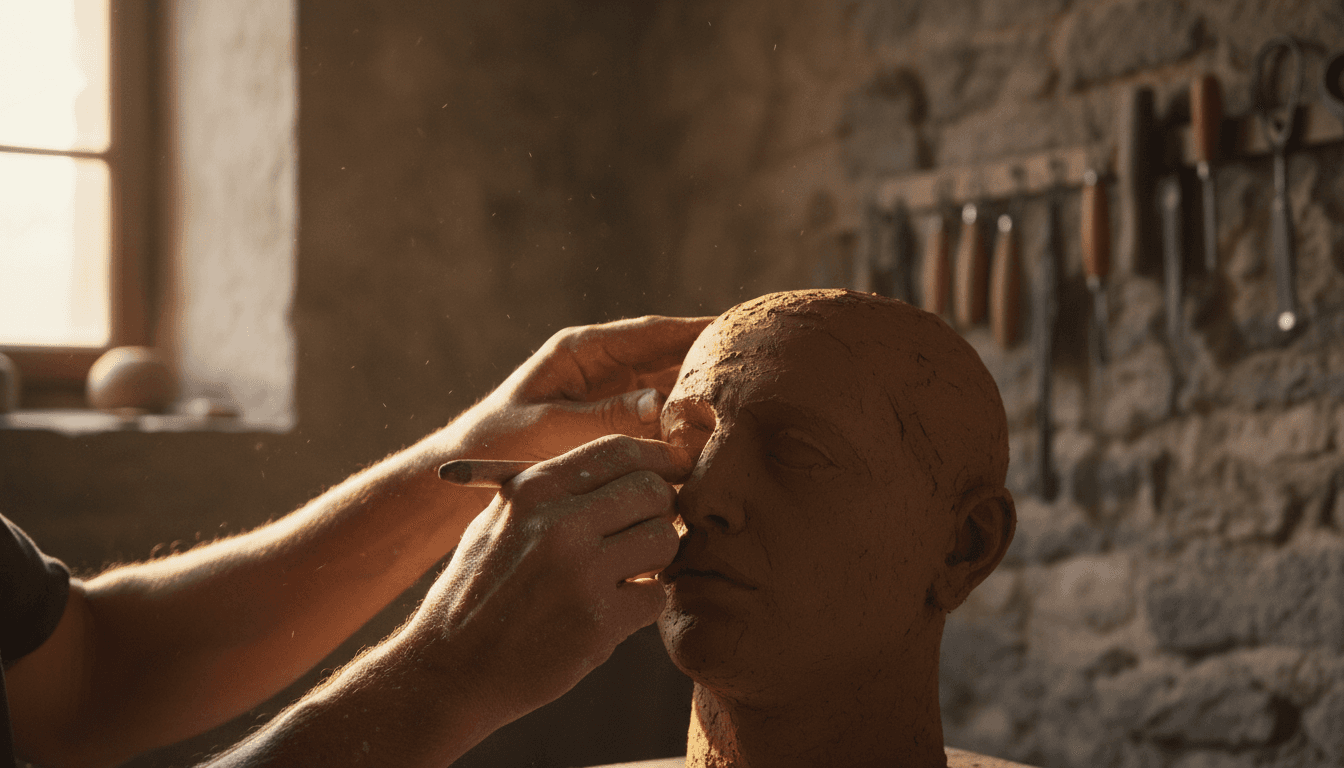 Artist's hands shaping stone in a sunlit studio