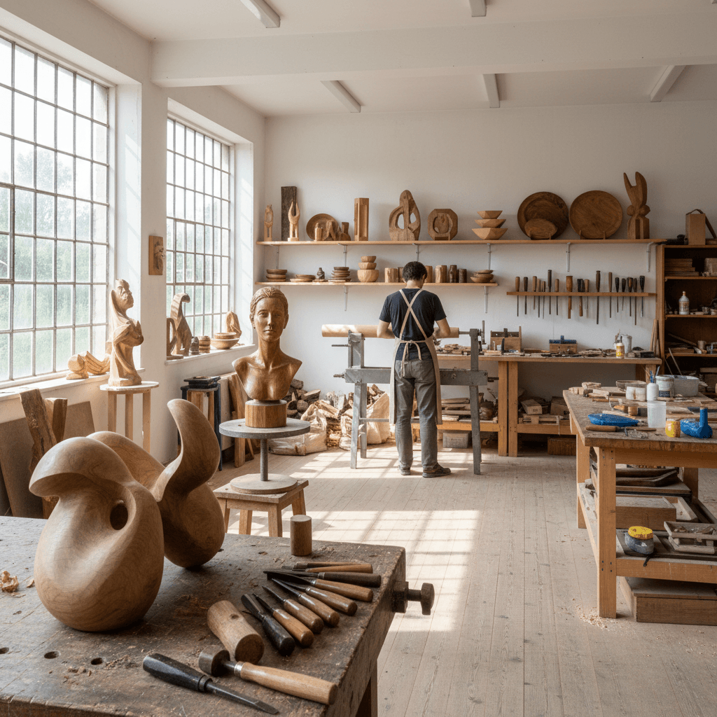 Sculptor's studio with wooden carved pieces