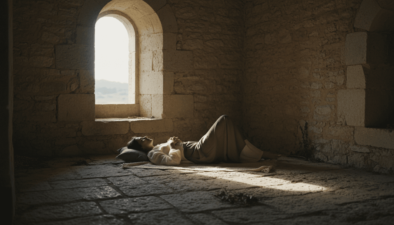 Person resting peacefully on a blanket in a sunlit stone room in rural France