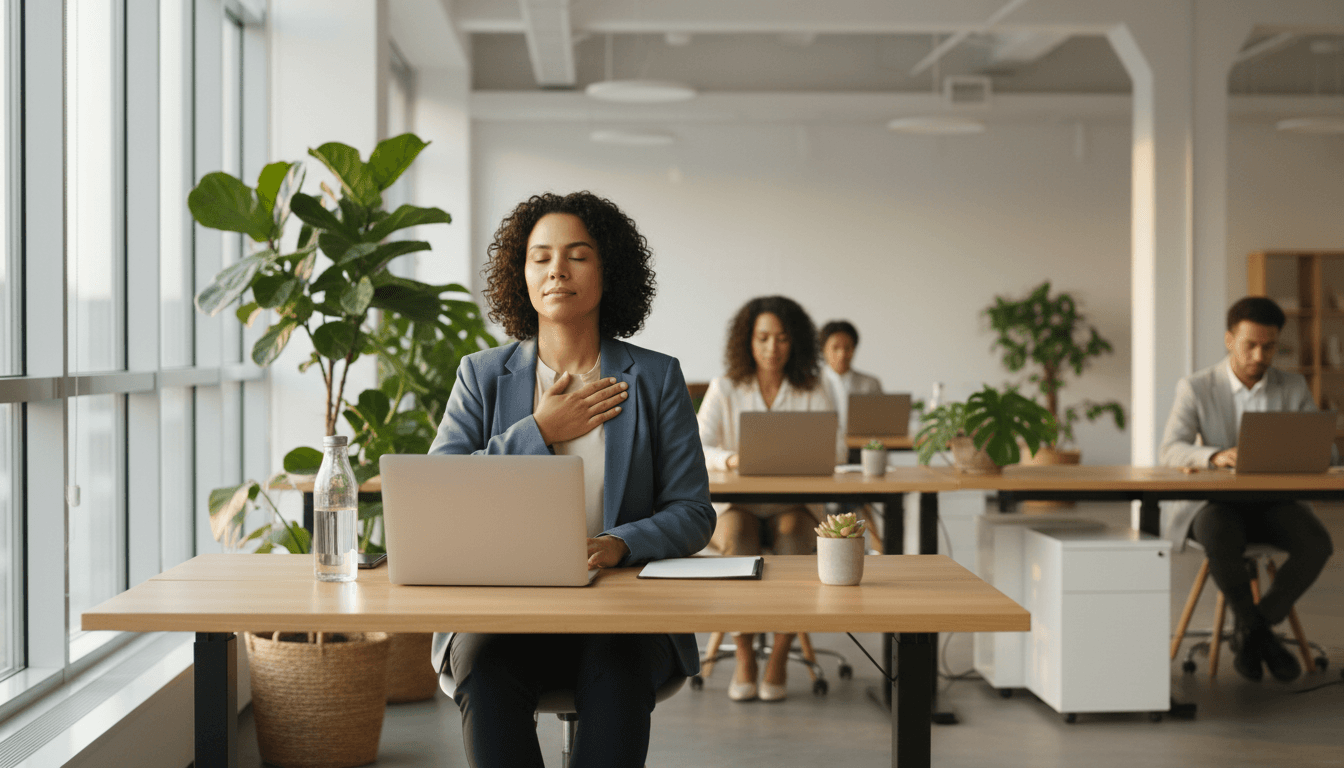 Professional taking peaceful breathing break at standing desk in bright office with plants and natural light