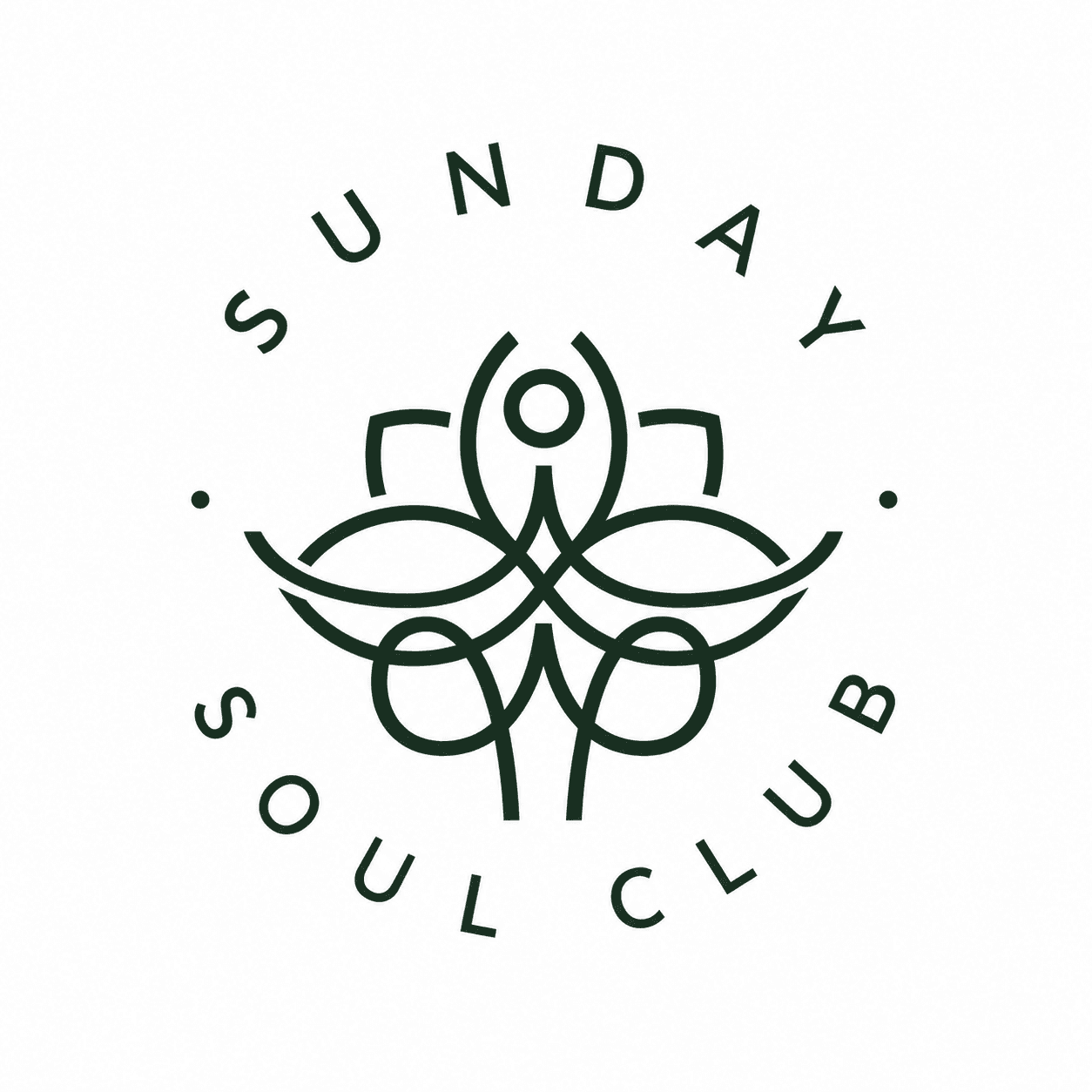 Sunday Soul Club logo in dark green with a stylized lotus and person symbol.